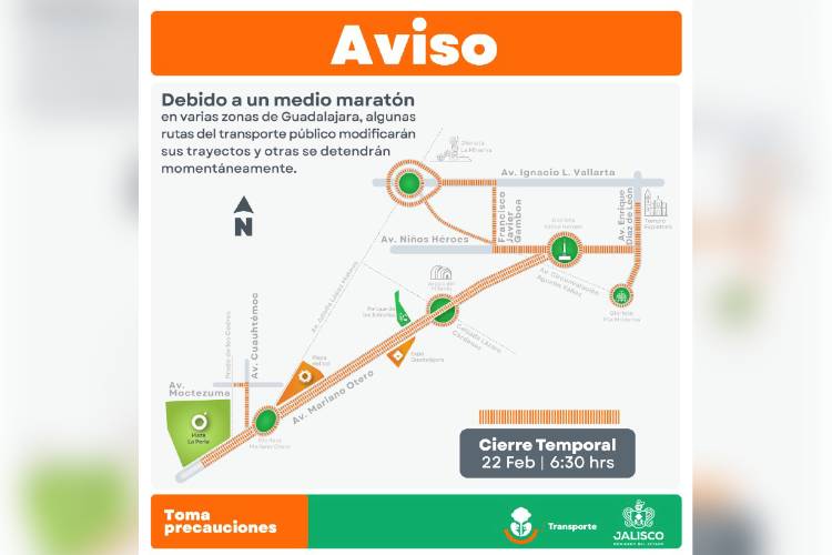 Cierres viales en La Minerva y Mariano Otero por Medio Maratón este domingo