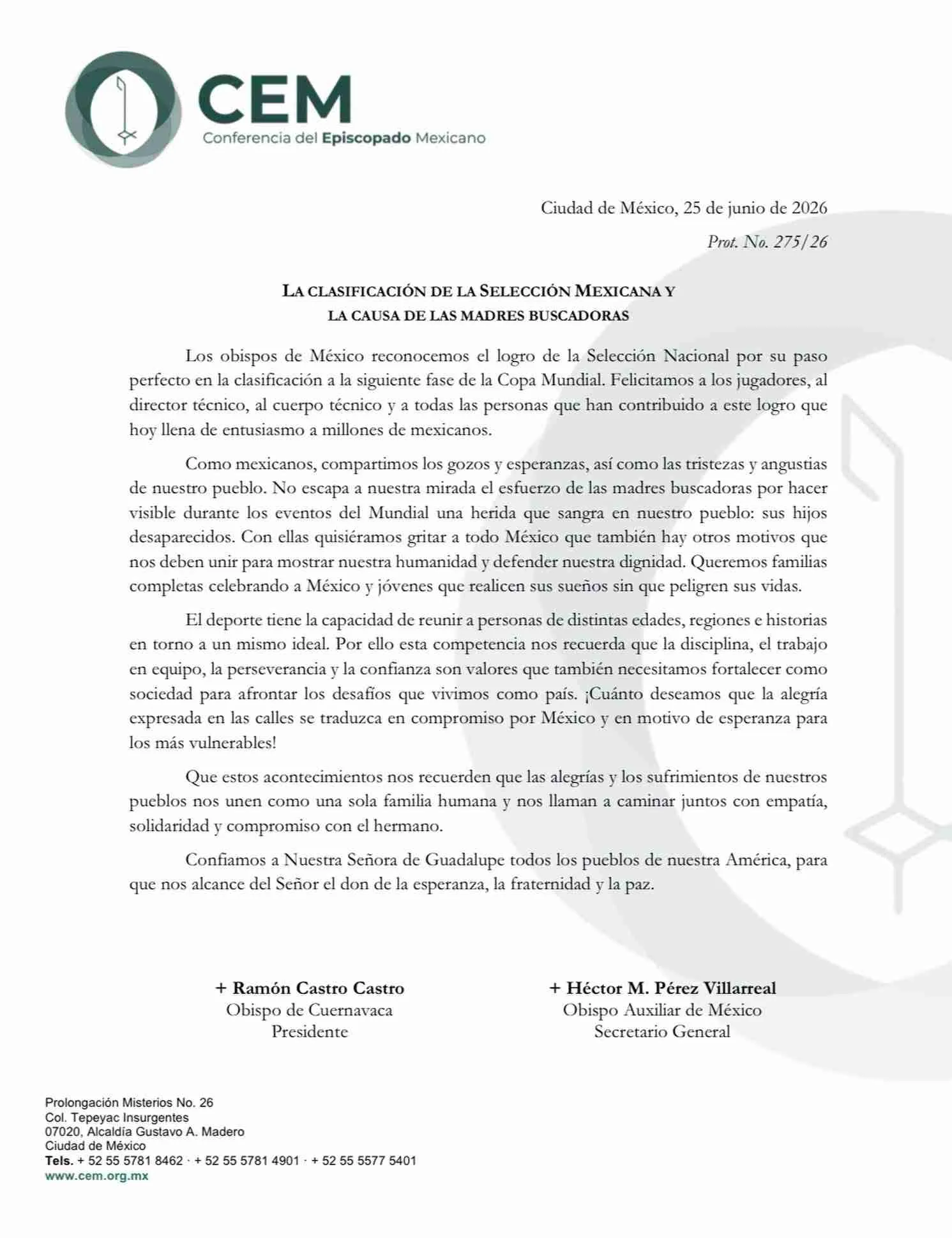 Episcopado felicita al TRI y pide no olvidar a las madres buscadoras 