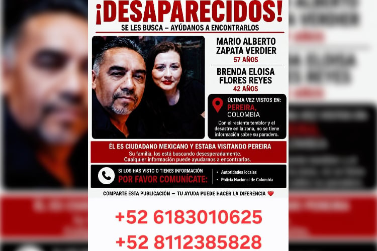 Reportan pareja de mexicanos desaparecidos tras el sismo en Colombia