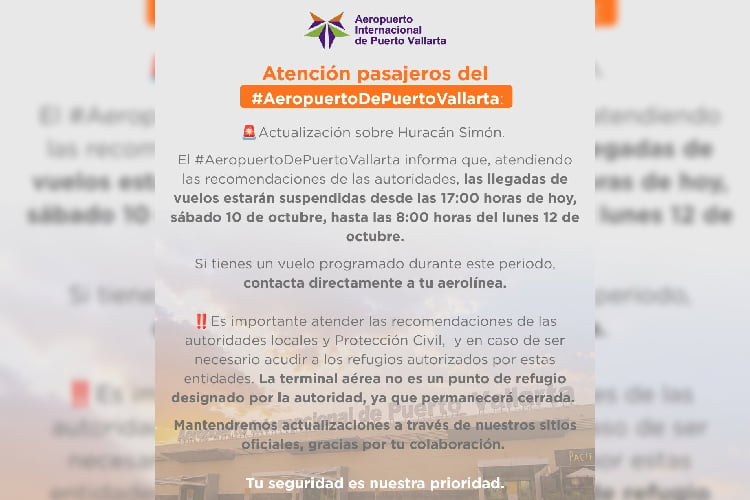 Suspende operaciones el Aeropuerto de Vallarta ante el avance de Simón