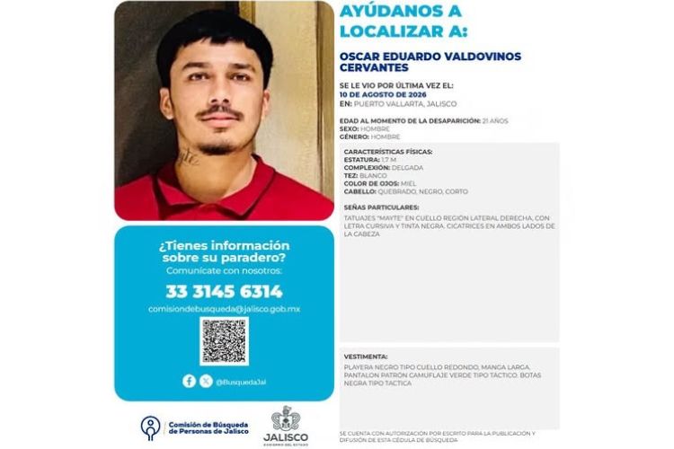 Buscan a Óscar Valdovinos, joven desaparecido en Puerto Vallarta